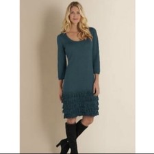 Soft Surroundings Theodora Sweater Dress Womens Medium Teal Wool Blend Fringe
