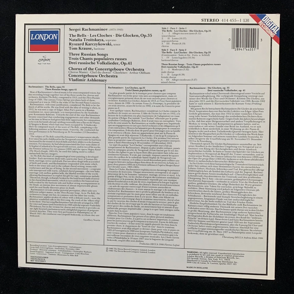 RACHMANINOV The Bells, Three Russian Songs - ASHKENAZY - LONDON ST LP 1986 - Image 2 of 4