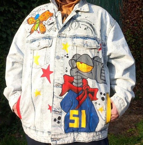 Original Hand Painted Graffiti Street Art Jacket Large Denim Jacket vintage - Picture 4 of 5