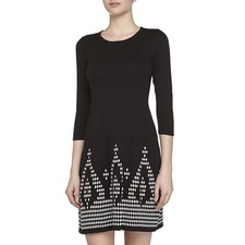 5Twelve Black White Geometric 3/4 Sleeve Fit Flare Sweater Knit  Dress LG NWT