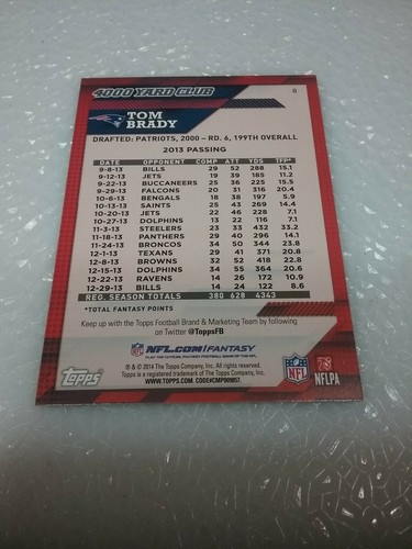 Tom Brady Patriots 2014 Topps 4000 Yard Club #8 - Imagen 3 de 4