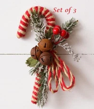 NEW Farmhouse CANDY CANE Christmas Ornament 3 PCS Twine Rusty Bells 7.5"Hx4.5"W