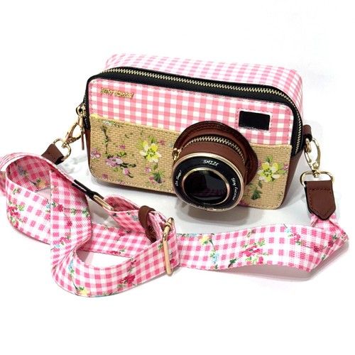 Betsey Johnson Oh Snap Camera Crossbody Purse Pink Gingham Flowers Floral Kitsch - Picture 5 of 17