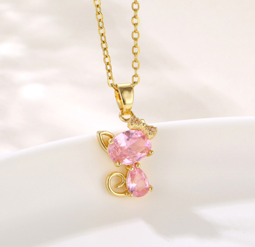 Gold Hello Kitty Cat Pave Pink Cubic Zirconia Pendant Chain Necklace - Picture 1 of 2