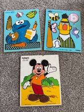 Vintage Playskool Wooden Puzzles Lot Of 3- Sesame Street Mickey