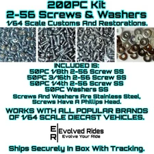 200PC 2-56 Screw Kit For 1/64 Scale Custom Restoration Hot Wheel & Other