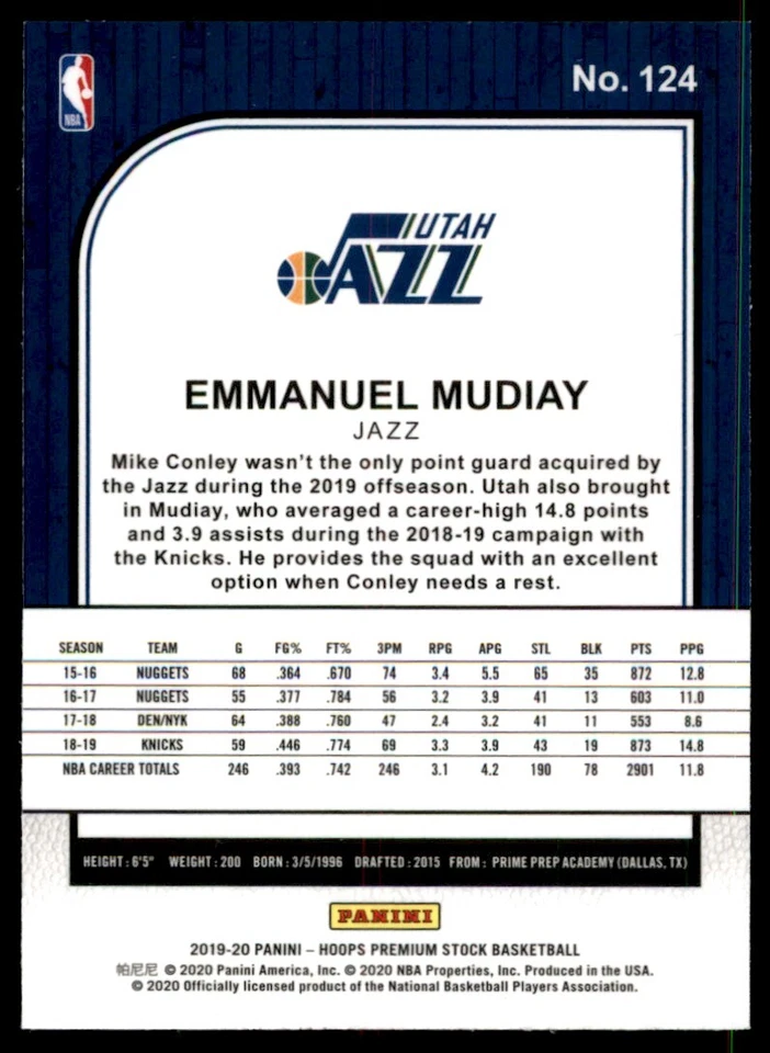 2019-20 Panini Hoops Emmanuel Mudiay Utah Jazz #124 - Image 2 of 2