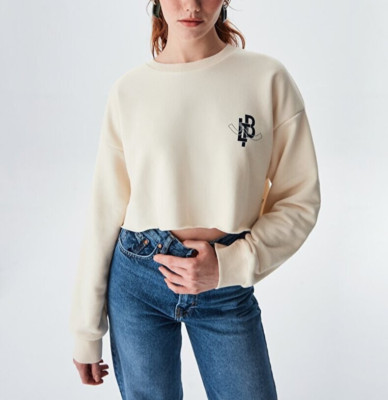 LTB Cropped LTB Logo Creme Sweatshirt Beige Langarm Rundhals Damen - Gr. S