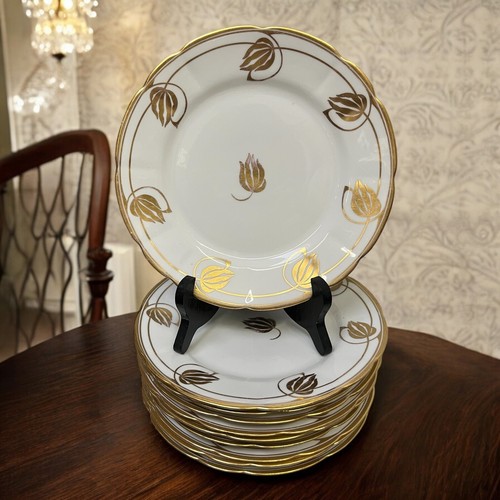 10 Antique SAXE GREEN CROWN MARK White Porcelain Plates Gold Buds Leaves 8-1/2"