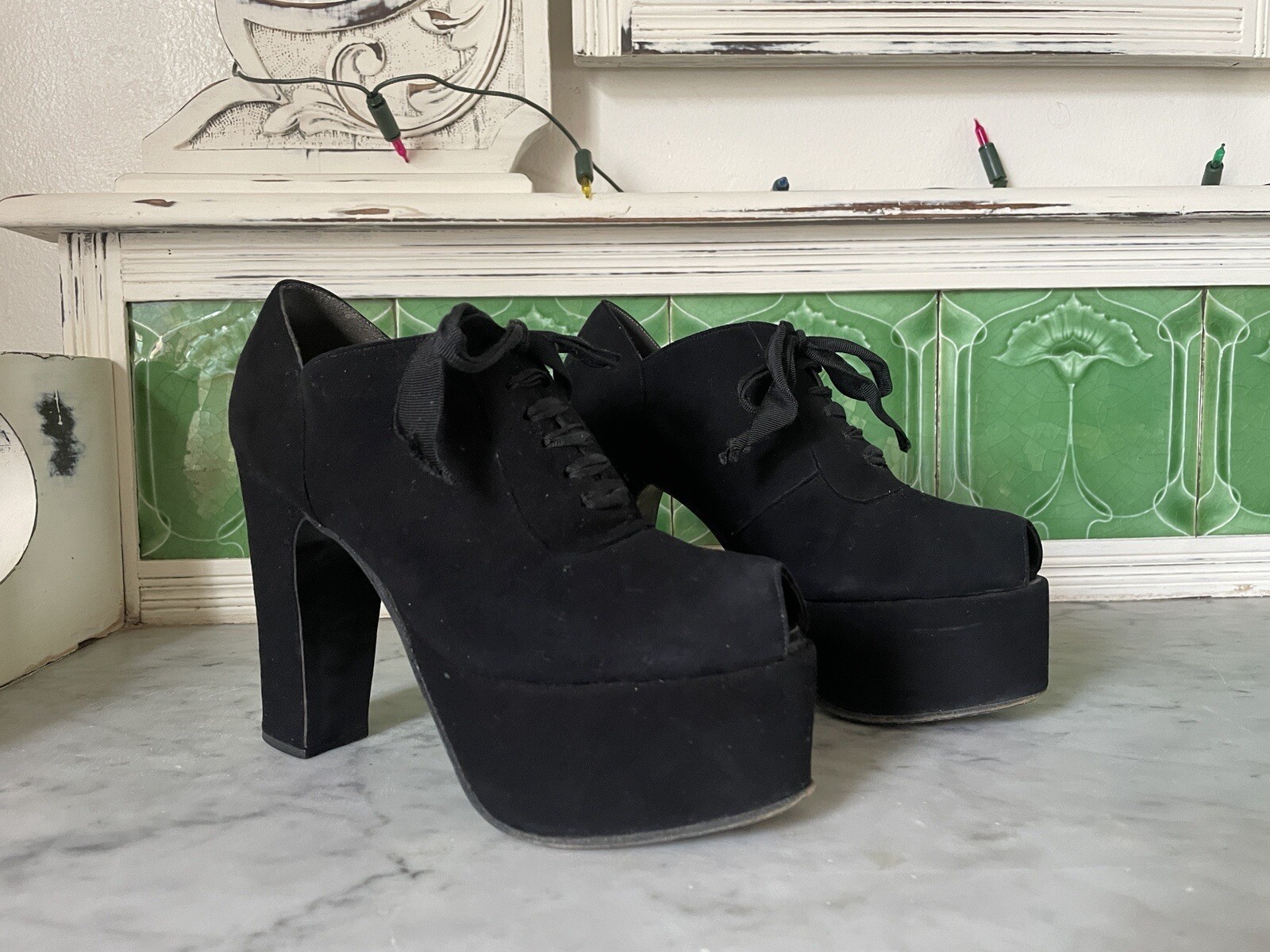 Vintage 1970s 1960s Black Suede Platform Lace-Up … - image 18