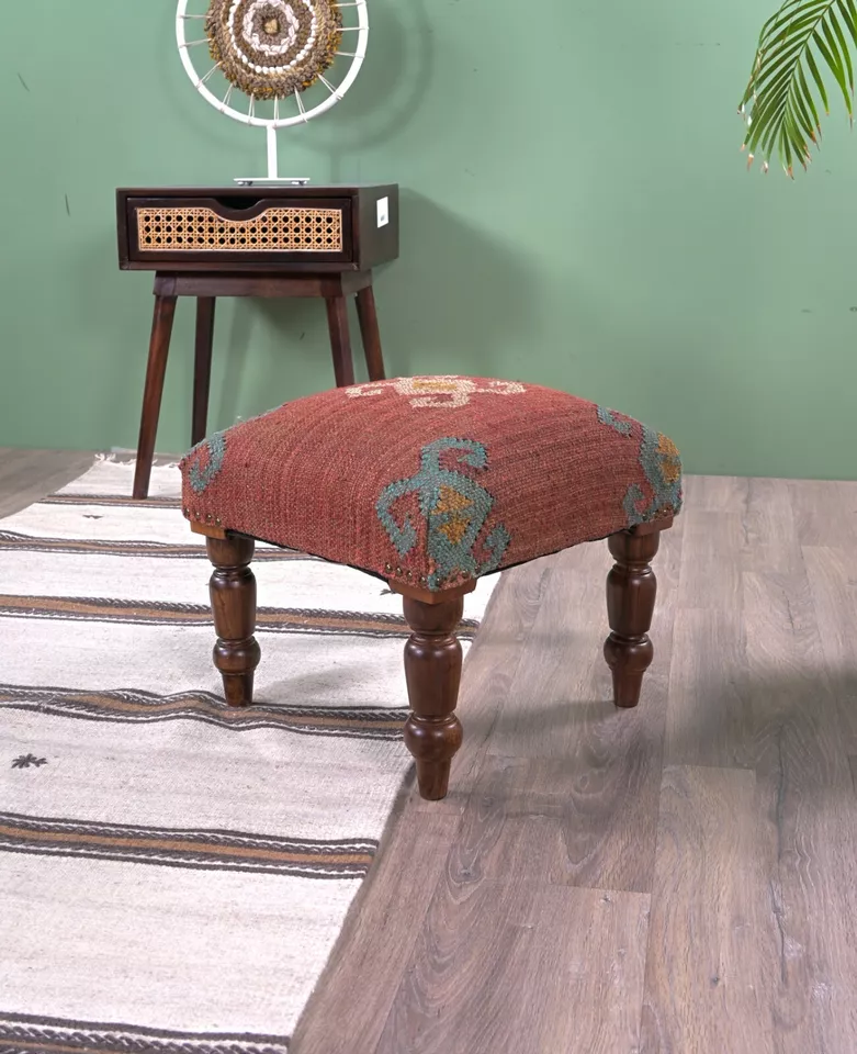 Handcrafted Acacia Wood Stool | Decorative Kilim Upholstered Pouf Footstool - Image 4 of 4