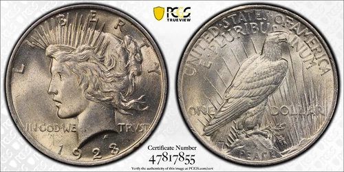 1923 P $1 Peace Silver Dollar PCGS MS63 Protected by Gold Shield &TrueView