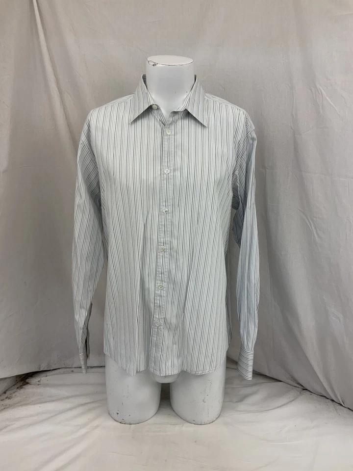 Camisa de Vestir Zegna 17.5 34/35 Blanco Negro Azul Rayas Mezcla de Algodón YGI O2-306 Foto 2 de 4