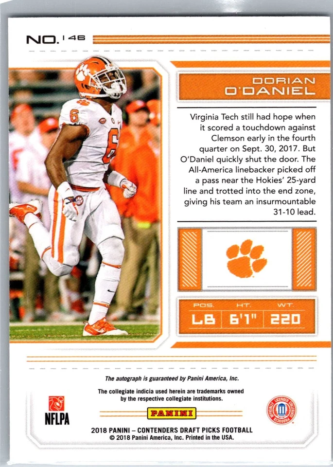 2018 Panini Contenders Draft Picks #146 Dorian O'Daniel College Ticket Auto - Image 2 of 2