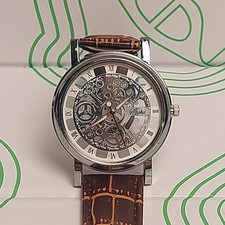 Men's Watch Silver Skeleton Dial Roman Numerals- Brown Faux-Leather Band 