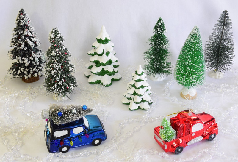 Mix Lot Bottle Brush Christmas Trees + Two Christmas Ornaments