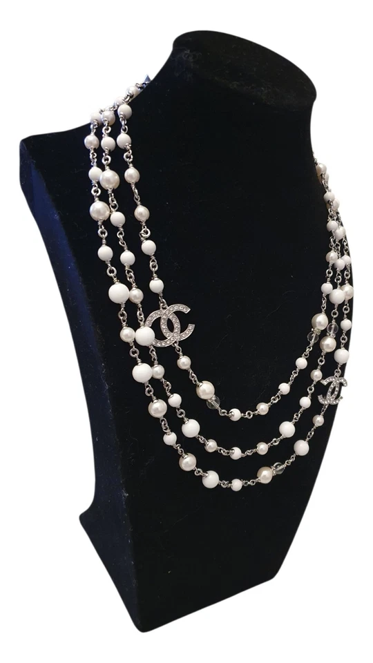 Chanel Perlenkette 3 Reihige Kristall CC Halskette Silber OVP - Bild 3 von 4