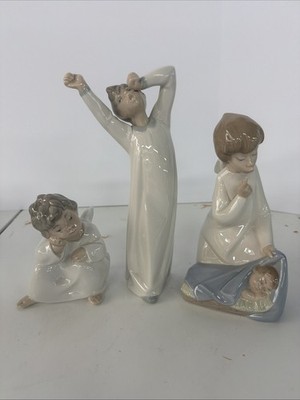 Lot of 3 Vintage Lladro Figurines - Yawning Boy, Angel with Baby, Thinking Angel