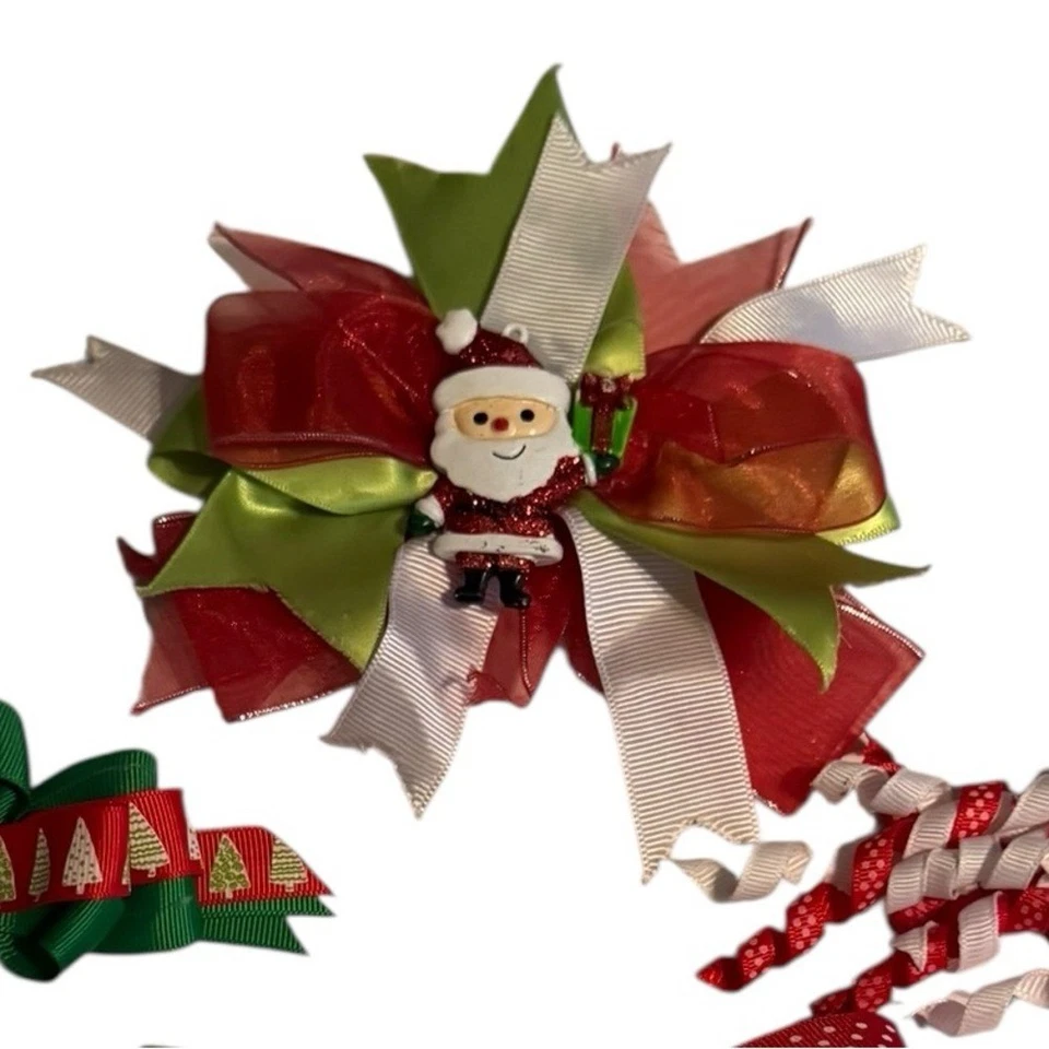 Lazos para el cabello de Navidad para niñas hechos a mano muñeco de nieve navideño Papá Noel rojo Foto 3 de 4