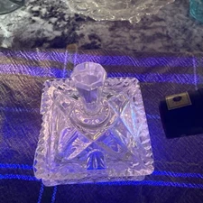 Vintage Crystal Cut Glass  Jar with Stemmed Lid glows pink under black light