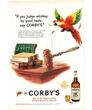 1952 Corby's Whiskey Judge's Gavel Vintage Print Ad Red Parrot 50s Wall Art