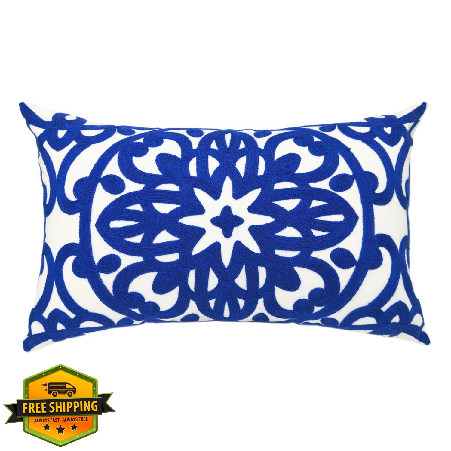 Alysheer 12x20 Royal Blue Boho Mandala Embroidered Lumbar Pillow Cover