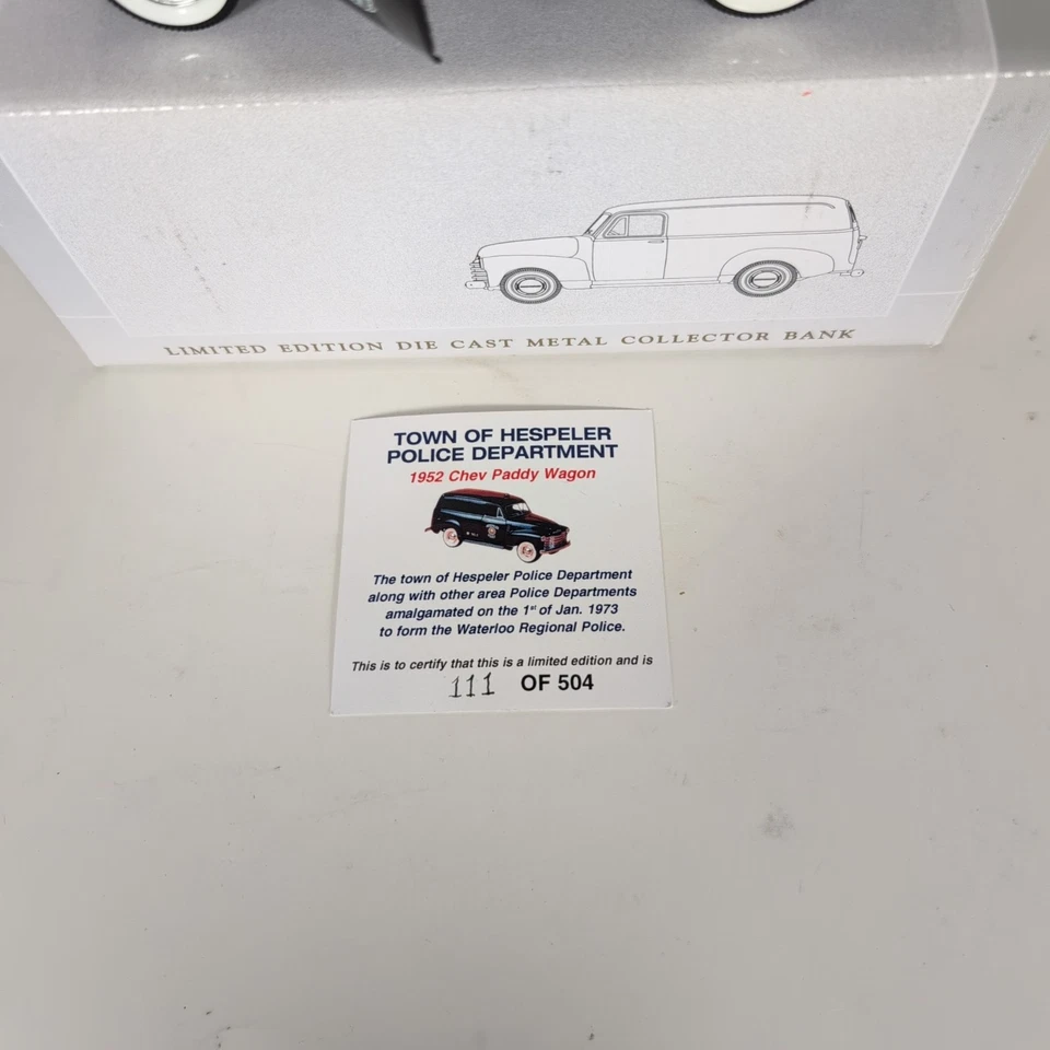 1952 Chevy 3100 Panel Hespeler Police Coin Bank 1:25 Diecast Liberty Classics - Image 2 of 4