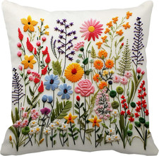 Wildflower Faux Embroidery Print 18X18 Inch Throw Pillow Cover, Boho Embroidered