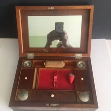 Antique Biedermeier Walnut Veneer Sewing Box Mirrored Lid Sterling Pin Cushion