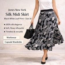 Jones New York Silk Midi Skirt Black White Leaf Pattern SZ14 Classic Office Work