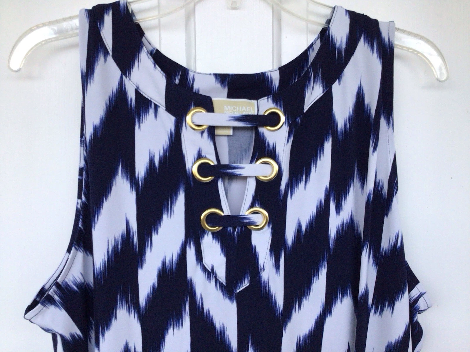 Abito tunica smanicato Michael Michael Kors blu navy bianco zig zag midi taglia 2X.