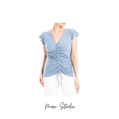 Max Studio Women's Ruched V-Neck Cap Sleeve Top Blue Textured Knit XS NWT