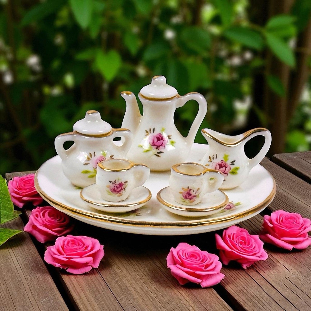 Miniature Porcelain Tea Set Roses Gold Trim Dollhouse Toy Display