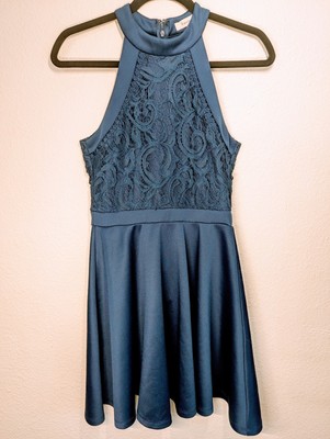 Francesca's Collections Blue Lace Halter Dress Small Skater Fit Flare Cocktail
