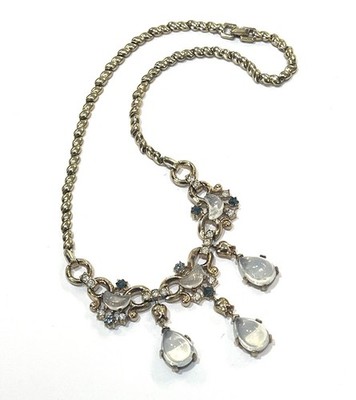 Trifari Clair de Lune Necklace w Tear Drop Dangles & Blue Stones Signed