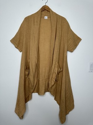 Marie La Lune Linen Draped Cardigan Patch Pockets Italy Womens Brown Lagenlook
