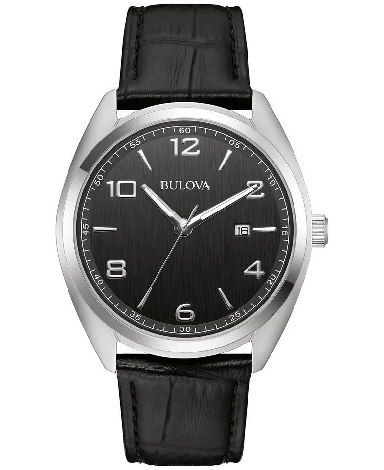 Bulova Men's Classic Date Indicator Quartz Black Leather Watch 42MM 96B453