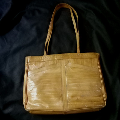 Vintage 100% Genuine Eel Skin Leather Shoulder Bag Purse Tan Retro Medium