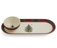 Christmas Tree 2-Piece Tartan Chip and Dip Set - 13-Inch Holiday Serving Plat...