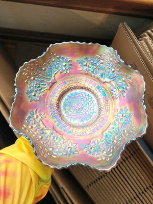 Powder? Blue Fenton Carnival Glass Orange Tree Pattern Ruffled Bowl SUPER BUY ME