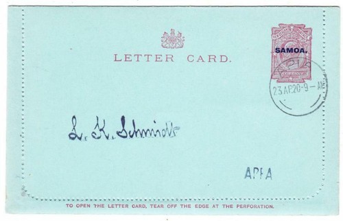 Samoa POSTAL LETTER CARD-HG:A1-Note at Bottom,90mm Long) -APIA 23/AP/20