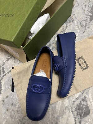 Gucci GG Interlocking Men's Loafer Blue Driver moccasin Shoes G 9