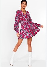 Nwt Nasty Gal V Neck Pink Floral Skater Mini Dress Size 4