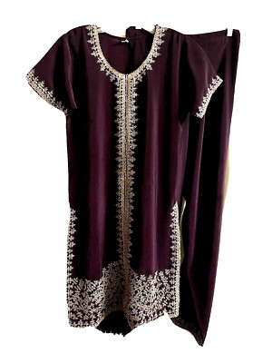 Ethnic Indian Embroidered Kurta Top Dress Pants Suit Size S/M  Plum Purple Gold