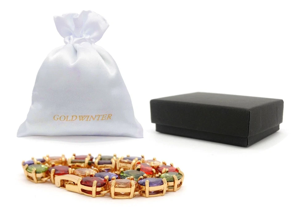 Pulseira banhada a ouro amarelo com pedras preciosas ovais brilhantes arco-íris com caixa de presente - Imagem 4 de 4