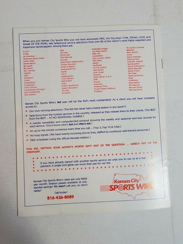 Vintage 1980s Football Schedule Kansas City Kid's Sports Wire Official Nevada - Picture 4 of 4