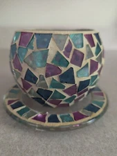 Blue Glass Mosaic Candle Holder with plate for Home Interior party home decor