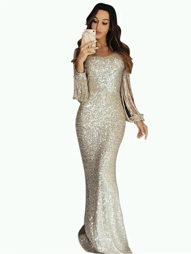 Abito da sera donna personalità moda paillettes manica lunga nappa - Foto 6 di 12