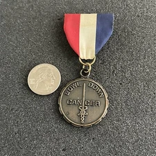 Bowl Down Cancer Vintage Medal with Ribbon Pin Pinback #43838