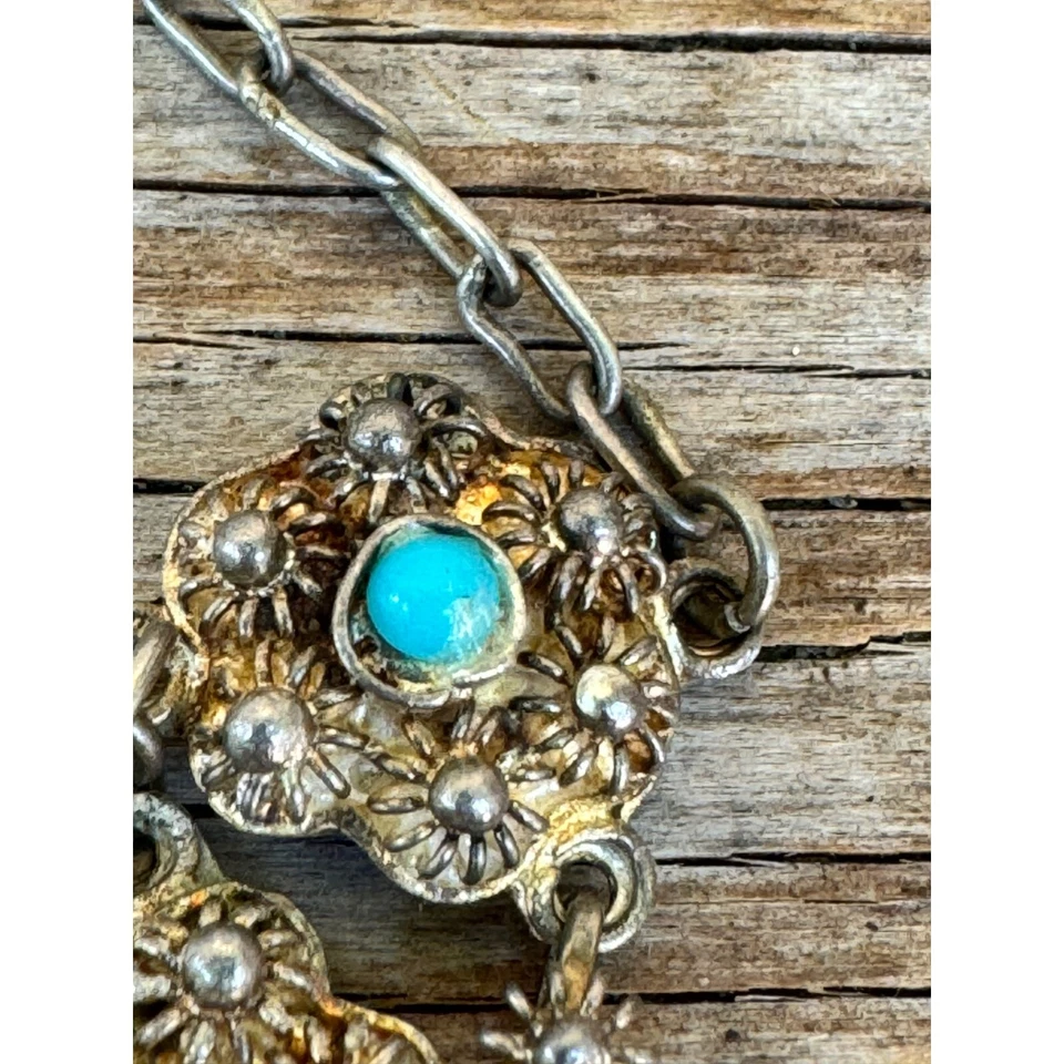 Antique Victorian Silver Sleeping Beauty Turquoise Necklace Bracelet Earrings - Image 3 of 4